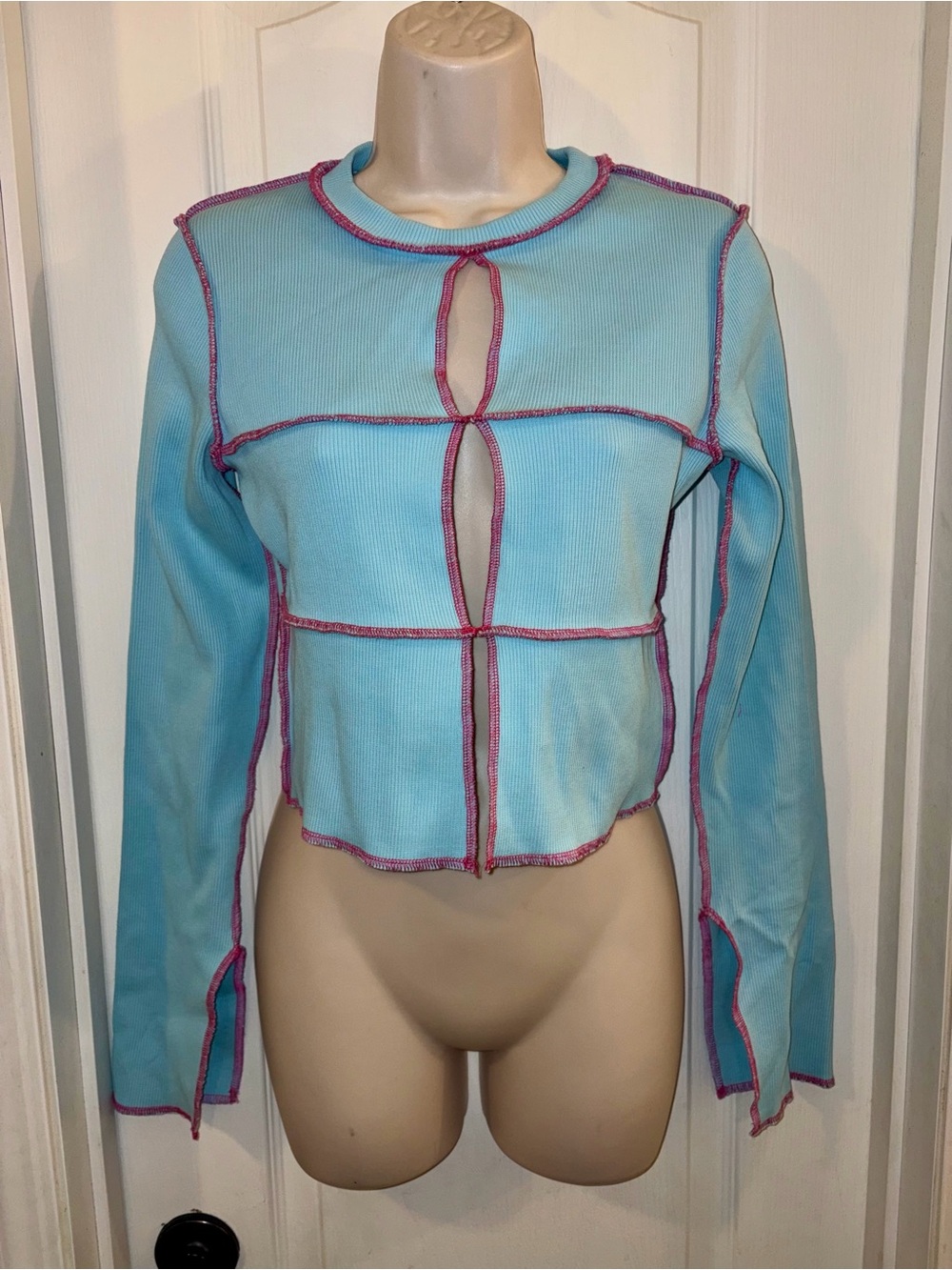 NWT The Ragged Priest Cutout Crop Top - Blue & Pink Contrast Stitch - Picture 5 of 10